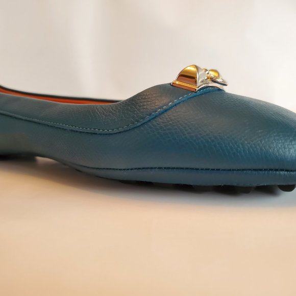 Like-New Hermes Liberty Epsom Calfskin Leather Blue Driving Flats Ballet Shoes - Picture 8 of 16